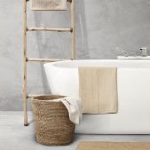 Japandi bathroom interior design with wooden furniture